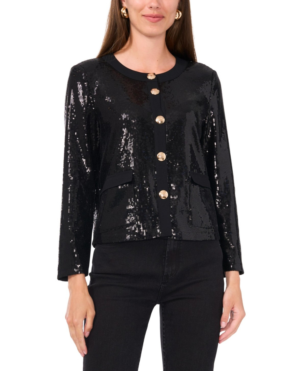 Vince Camuto Women Sequined Collarless Cropped Jacket Black Size 4